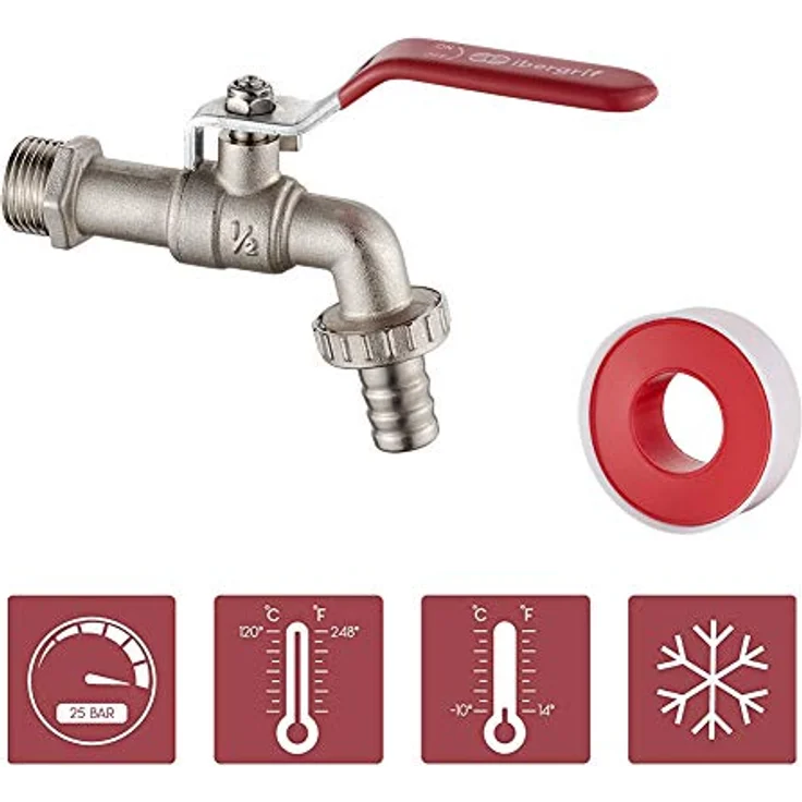 Ibergrif Garten Wasserhahn 1/2 Zoll mit Gartenschlauch Adapter - Kugelhahn Frostsicher -10℃, High Temperature Resistance 120℃, Absperrhahn Tropffrei für Garten Regentonne, Wasserhahn Aussen Messing – Bild 2