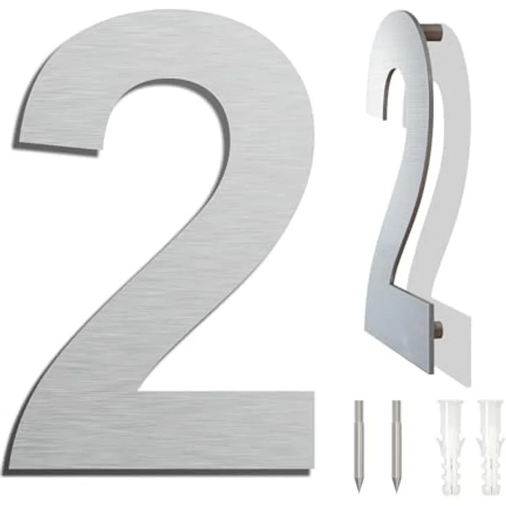 Ywonoby Edelstahl Hausnummer, Wetterfest mit Metallic Mattes Silber Finish, Höhe 152 mm, Arial Ziffer 2, Einfache Installation, Moderner Schwebender Look