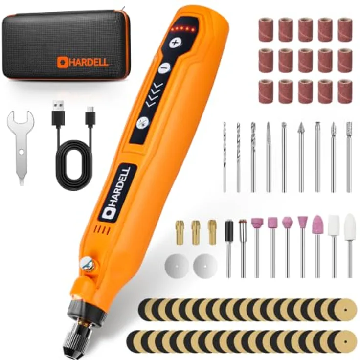 HARDELL Mini Akku Rotationswerkzeug mit 5 Geschwindigkeiten (5000-18000 U/min), 3,7V LED Multifunktionswerkzeug Set mit 69 Zubehör für Gravur von Resin, Holz und Glas