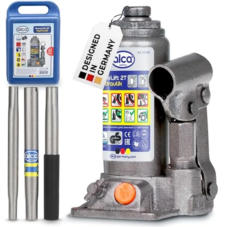 alca® Hydraulischer Unterstellheber 2t im Koffer – Hubhöhe 158–308 mm, Stempelwagenheber nachfüllbar, silber