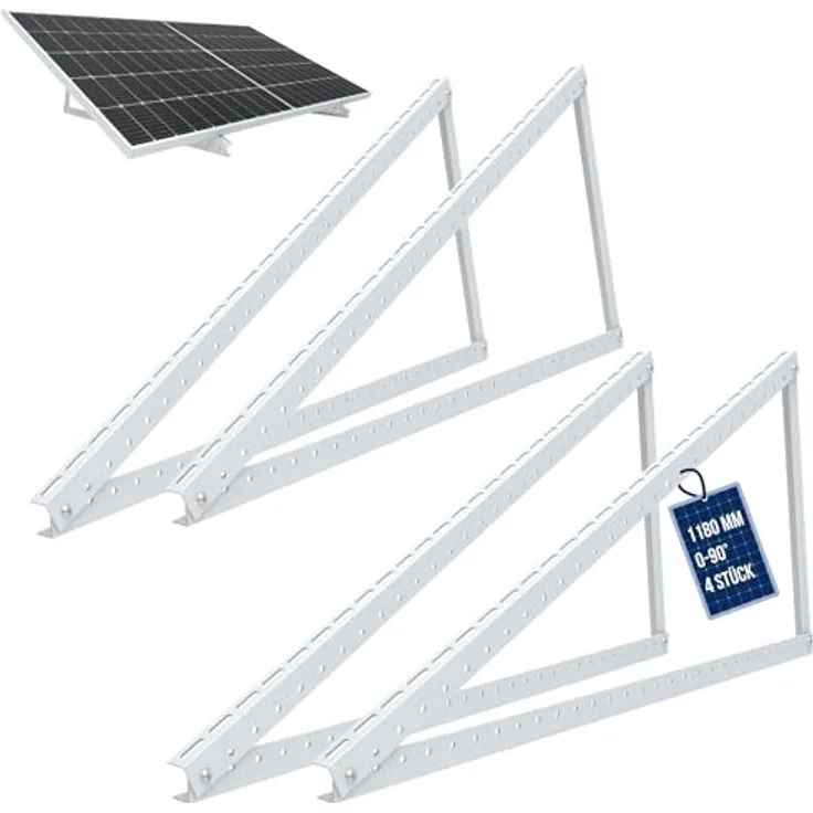 NuaSol 4x PV Halterung für Solarpanel Aufständerung bis 118 cm Flachdach PV Solarmodul | Dreieck-Solarpaneel-Halterung Verstellbar 0-90° | Aluminium | inkl. Montagematerial für 2 Solarpanele | Silber