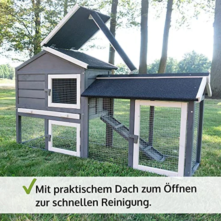 zooprinz Brandneuer Kaninchenstall, Hasenstall aus massivem Vollholz ideal für draußen mit großer Kotschublade - Natürliche Farben, Zweistöckig, Winterfest – Bild 2