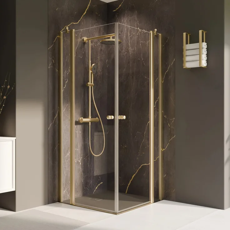 Breuer Duschkabine Elana 2.0 Eckeinstieg mit Drehtür und Festteil, 200 x 90 cm, glänzend gold, Sicherheitsglas, leicht montierbar