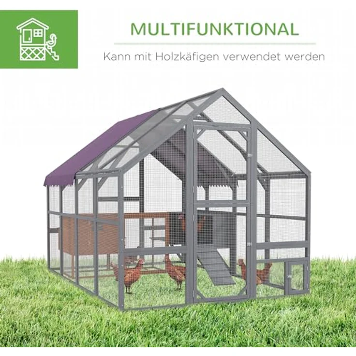 PawHut Hühnerstall Freilaufgehege aus Holz, 280 x 185,5 x 188 cm, mit Tür, Nistkasten, Dach und Rampe, für 8-12 Hühner, grau – Bild 6