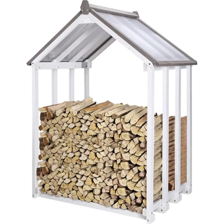 WONDERMAKE® Kaminholzregal mit Dach, 1,8 SRM, wetterfestes Fichte-Holz in Weiß-Grau, modernes Design für Outdoor, 110 x 75 x 150 cm – Bild 1