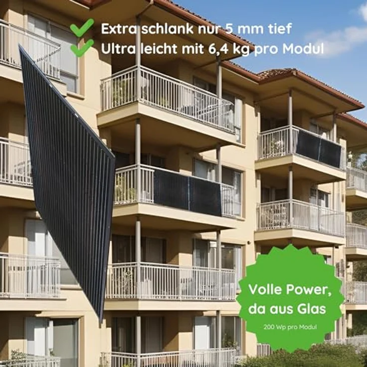 Schwaiger Solarmodul Glas Slim-Line 2er Set, 400Wp dünnes rahmenloses Photovoltaik-Solarpanel für Balkon und Garten, inkl. Verlängerungskabel und Edelstahlkabelbinder – Bild 2