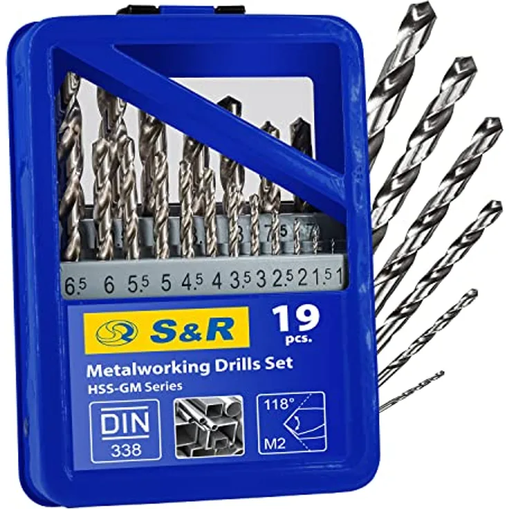 S&R Bohrer Metall HSS Stahl geschliffen Eisen 1-10 mm 118° Set 19-teilig GM Serie DIN 338 Metallbox Industriequalität