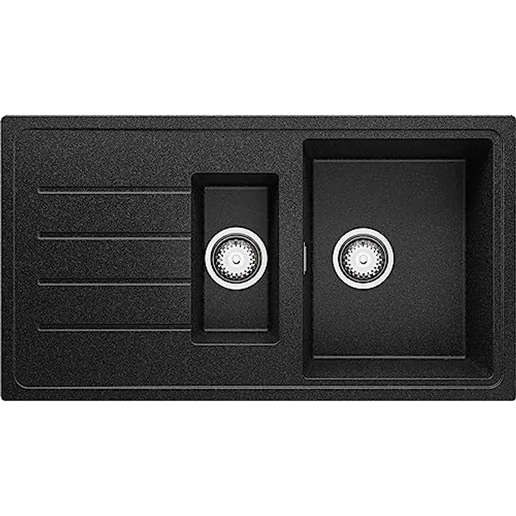 Primagran Kopenhagen Duo 90x50cm Anthrazit Granitspüle 1,5 Becken + Ablauf-Set - Reversible Einbauspüle, hitzebeständig, schmutzabweisend