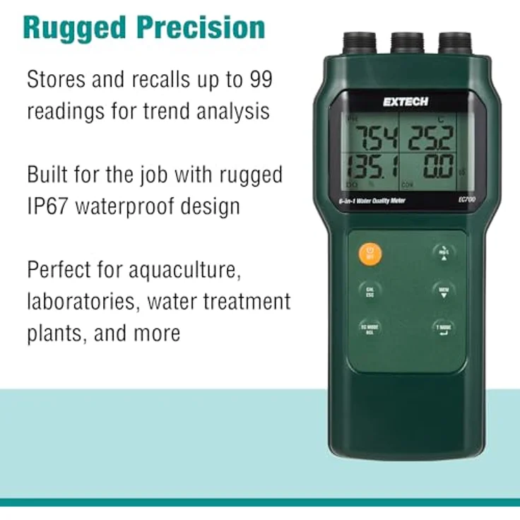 Extech EC700, 6-in-1 Wasserqualitätsmessgerät mit pH-Wert, Salinität und Leitfähigkeit, großes LCD-Display, 99 Speicherplätze – Bild 5
