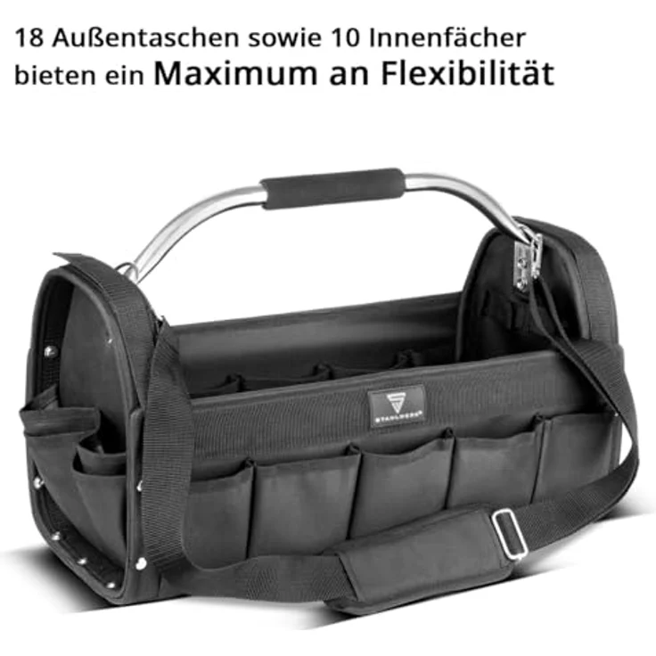 STAHLWERK Werkzeugtasche 18 Außentaschen, 10 Innentaschen, robuste Installateur-Tasche aus strapazierfähigem Polyester mit Tragegriff und Schultergurt – Bild 3