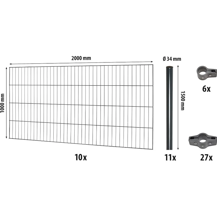 JUNGELMAR Classic ES-Mattenzaun-Set 1000, 20 m anthrazit, inkl. Rundpfosten und Verbindern