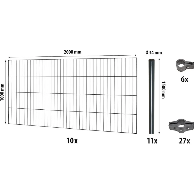 JUNGELMAR Classic ES-Mattenzaun-Set 1000, 20 m anthrazit, inkl. Rundpfosten und Verbindern