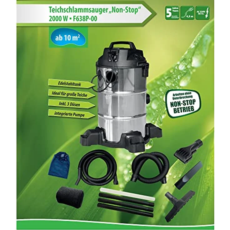 Heissner Teichschlammsauger 4000 L/h, Multifunktions-Dauersauger mit 30 Liter Edelstahltank, silber – Bild 5