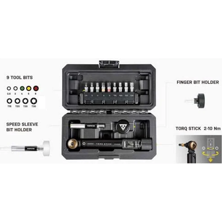 Topeak Torq Stick Pro, Drehmomentschlüssel mit einstellbarem Drehmoment von 2-10 Nm, inkl. Raschenkopf und 9 Bits, Werkzeugbox – Bild 4