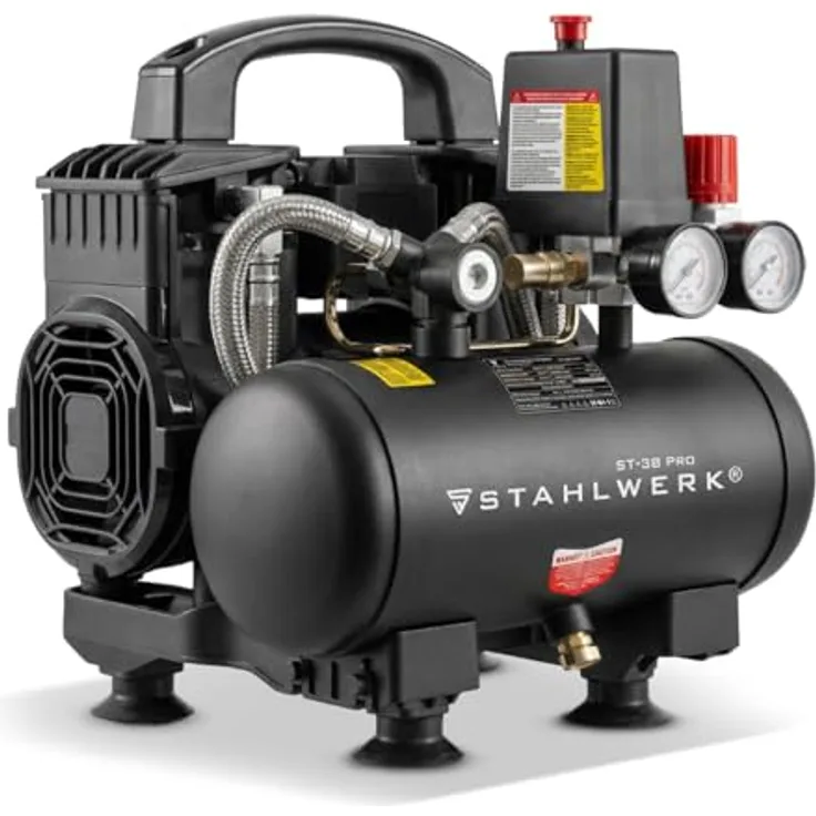 STAHLWERK Kompressor ST-38 Pro, ölfreier Druckluftkompressor mit 1,60 PS, 8 bar und 190 l/min, leise 67 dB