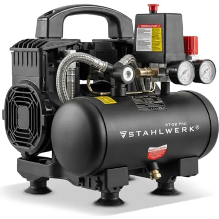 STAHLWERK Kompressor ST-38 Pro, ölfreier Druckluftkompressor mit 1,60 PS, 8 bar und 190 l/min, leise 67 dB – Bild 1