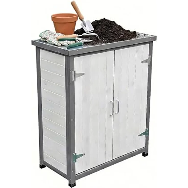 Relaxdays Pflanztisch mit Unterschrank, Holz, verzinkte Arbeitsplatte, HxBxT: 90 x 75 x 40 cm, Gartenschrank in Weiß/Grau – Bild 1
