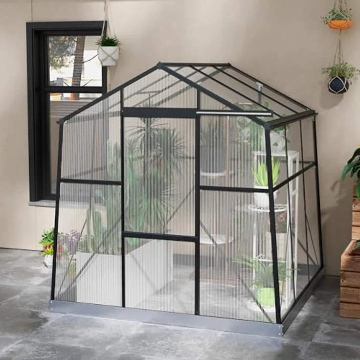 Outsunny Gewächshaus Aluminium 192 x 192 x 204 cm Treibhaus 3,68 m² Tomatenhaus mit Fenster, Schiebetür, Fundament, Aufzucht Pflanzenhaus für Garten, Balkon, Schwarz – Bild 5