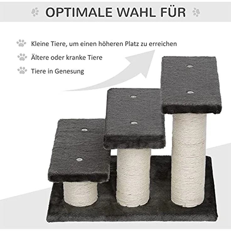 PawHut Tiertreppe Katzentreppe 3 Stufen Hundetreppe Treppe für Katze und Hunde Plüsch Dunkelgrau 45 x 35 x 34 cm – Bild 4