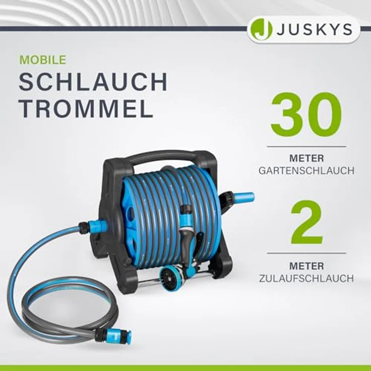 Juskys Schlauchtrommel Basic, 30 m, Multifunktionsbrause, 10 Funktionen, diverse Adapter, Blau/Dunkelgrau – Bild 3