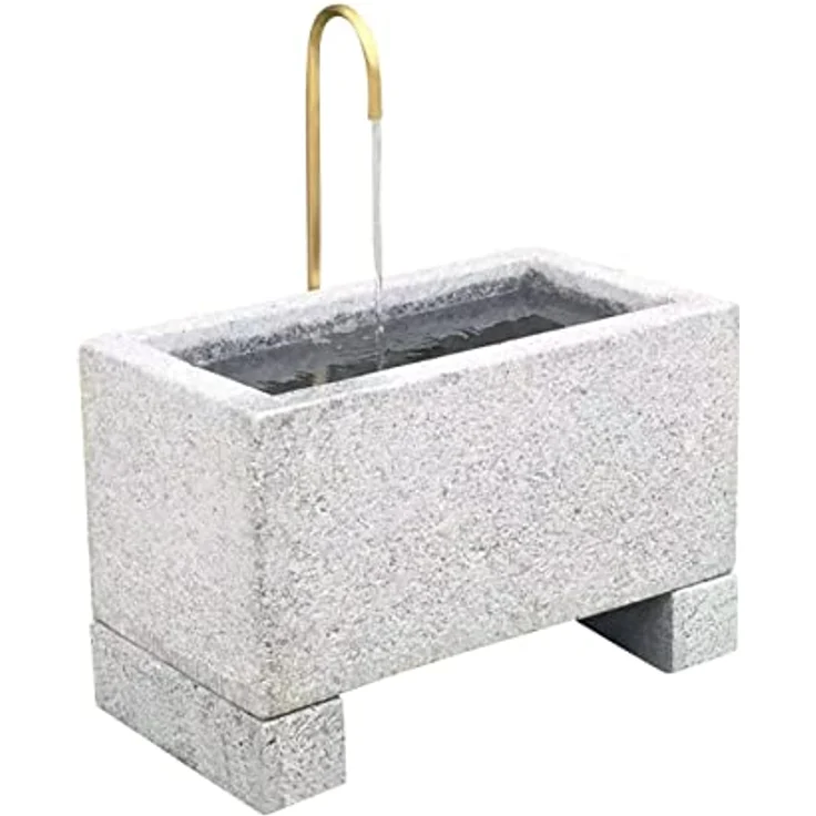 Dehner Gartenbrunnen Salzburg, 60 x 72 x 35 cm, Granit/Metall, grau/Gold, Umlaufbrunnen mit goldfarbenem Wasserhahn und Pumpe – Bild 1