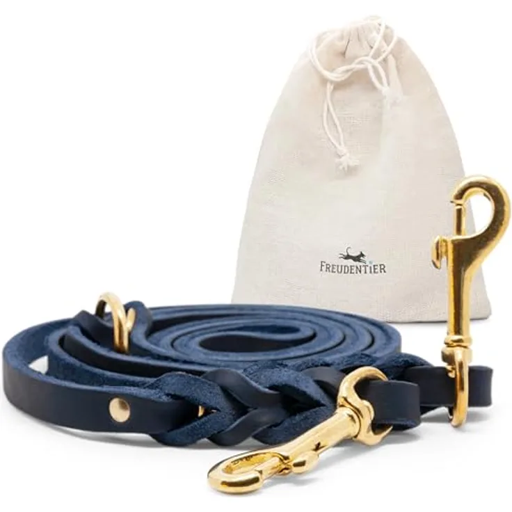 FREUDENTIER® Hundeleine geflochten aus Leder, 2m & 3-Fach verstellbar - Leichte Fettlederleine - Handgeflochten in Holland - AlsterTwist Kollektion (Royal Blue, 12mm Breite)