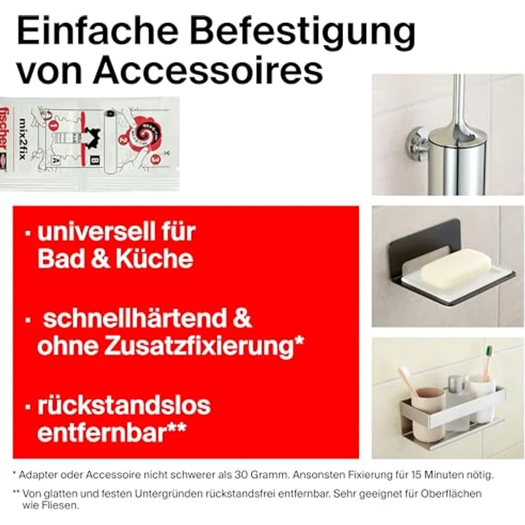 fischer Badkleber 6 g, wasserbeständiger Kleber für Badeaccessoires, transparent, ohne Werkzeug befestigen – Bild 2