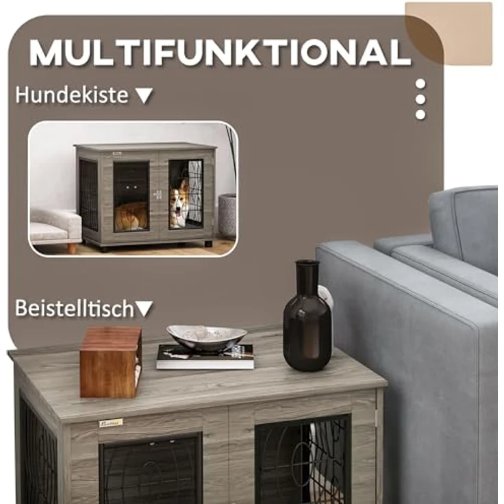 PawHut Hundekäfig, Hundehaus mit Kissen, Verschließbare Vordertür, Indoor Hundehütte mit Drahtgeflecht-Belüftung für mittelgroße Hunde bis 20 kg, Grau, 80 x 56 x 63 cm – Bild 4