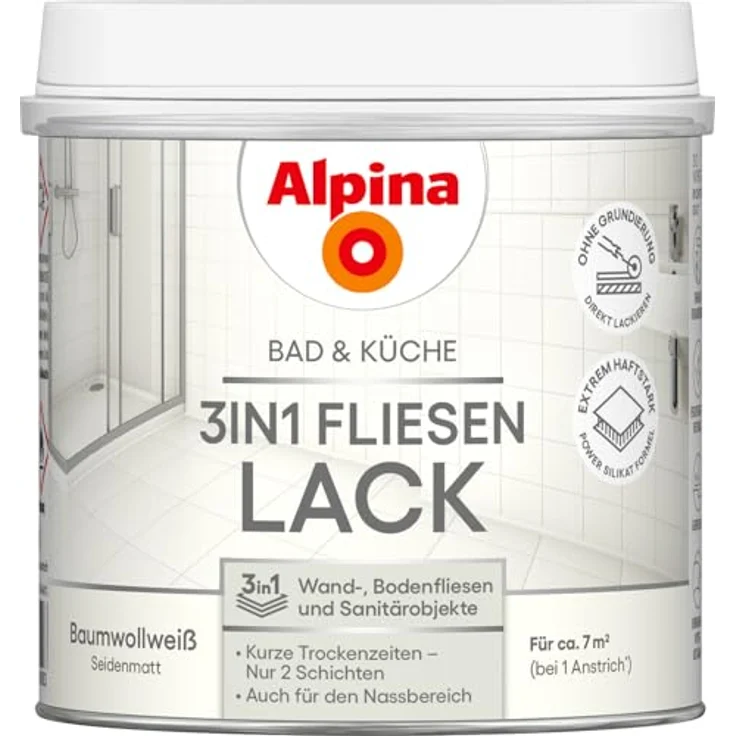 Alpina 3in1 Fliesenlack, weiß, für Nassbereiche geeignet, 500 ml, seidenmatte Oberfläche, ohne Grundierung – Bild 2