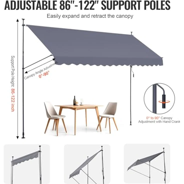 VEVOR Klemmmarkise 400 x 120 cm, Balkonmarkise mit Handkurbel und wasserdichter PU-Beschichtung, Grau – Bild 4