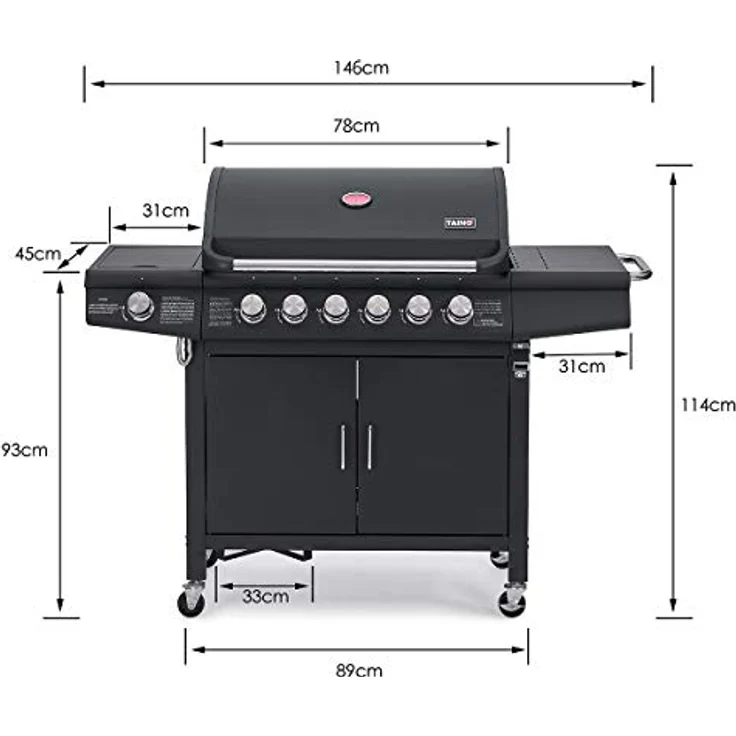 TAINO RED 6+1 Gasgrill mit Drehspieß 6-Brenner Grillwagen Piezo-Zündung - emaillierte Brennkammer, Aluminium-isolierter doppelwandiger Deckel - Rot – Bild 3