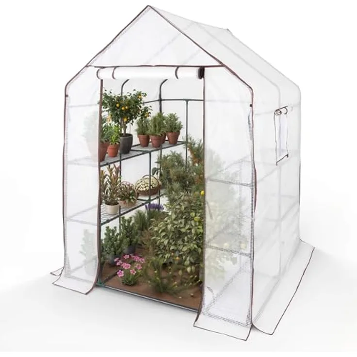 Arebos Premium Foliengewächshaus mit 3 Ebenen - 143 x 143 x 195 cm, Stabiles Treibhaus in Weiß mit Ventilationsfenster und Ablagen