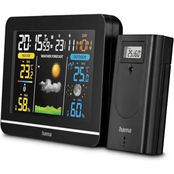 Hama Usedom, Wetterstation in Schwarz, DCF-Funkuhr, Frostalarm, Wettervorhersage und Raumklimaanzeige, zwei Weckzeiten