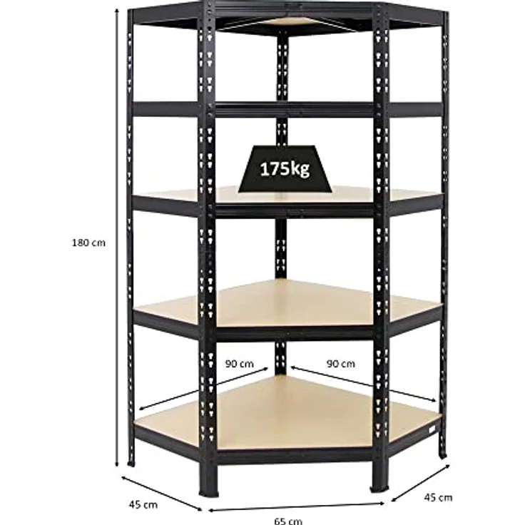 Proregal Eckregal Tiger, 5 Fachböden, Traglast 175 kg pro Boden, Schwarz, 180 x 90 x 45 cm – Bild 5