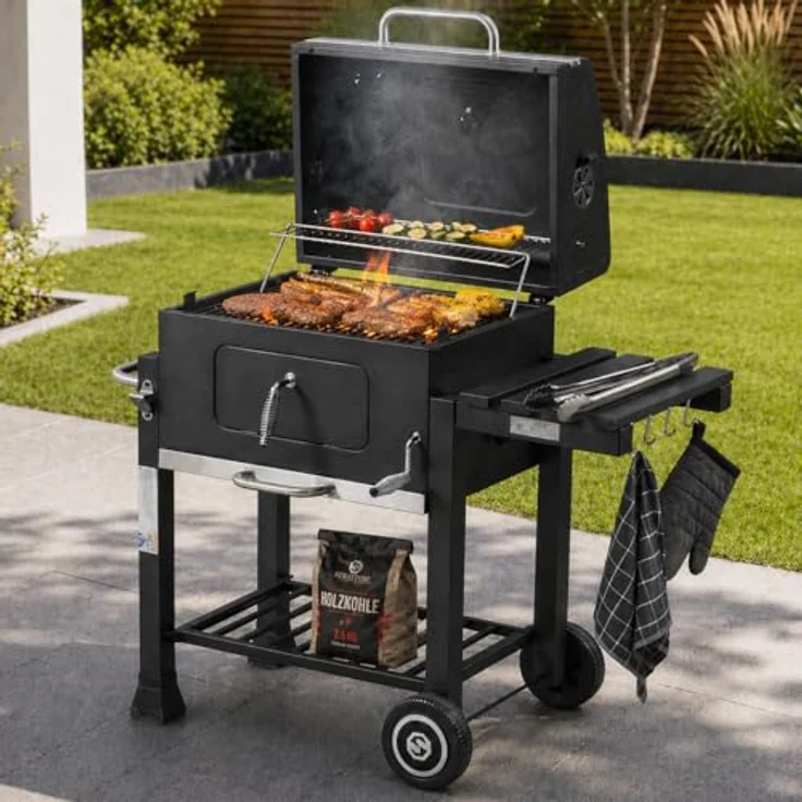 Strattore Holzkohlegrill / BBQ XL Grillwagen, schwarz, mit stufenlos verstellbarem Kohleeinsatz – Bild 2
