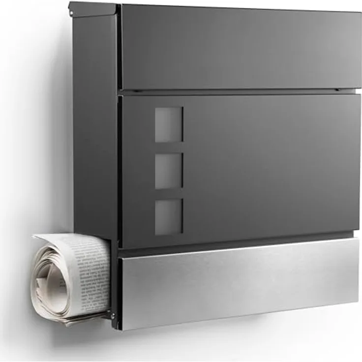 NewHabitat Wandbriefkasten Anthrazit mit Zeitungsfach und Sichtfenster, rostfrei und UV-beständig, inkl. Montagematerial