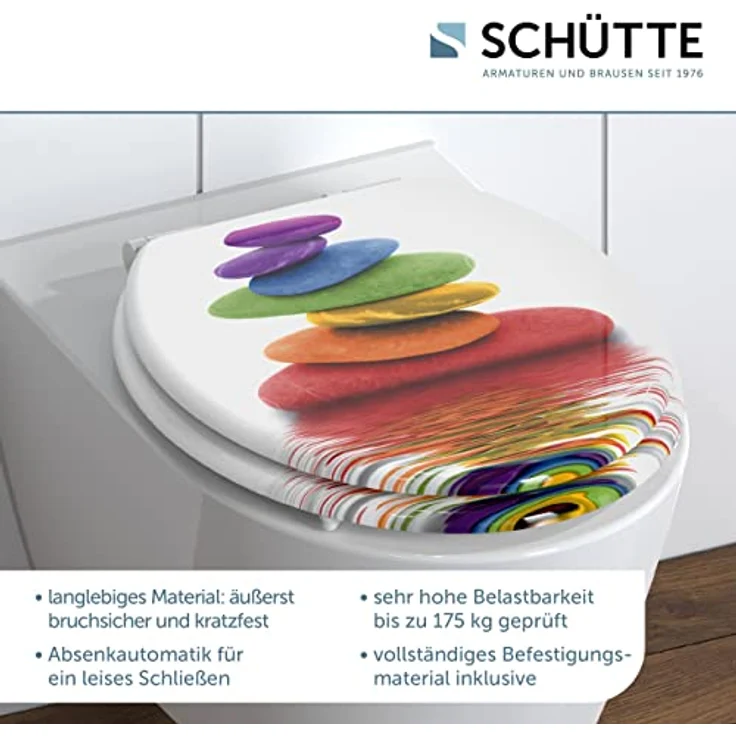 Schütte WC-Sitz Colorful Stones, Holzkern mit Absenkautomatik, bruchsicher und kratzfest, dreiseitiges Motiv – Bild 2
