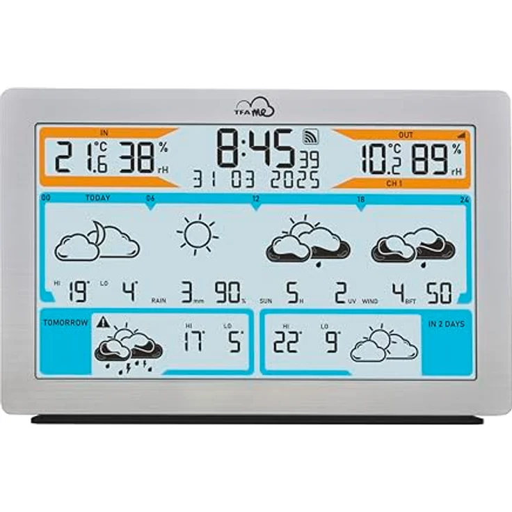 TFA TFAme 35.8100.54 Wetterstation, WLAN mit Gateway-Funktion, Silber, lokale Wetterprognose, beleuchtetes Display, Warnfunktion – Bild 2