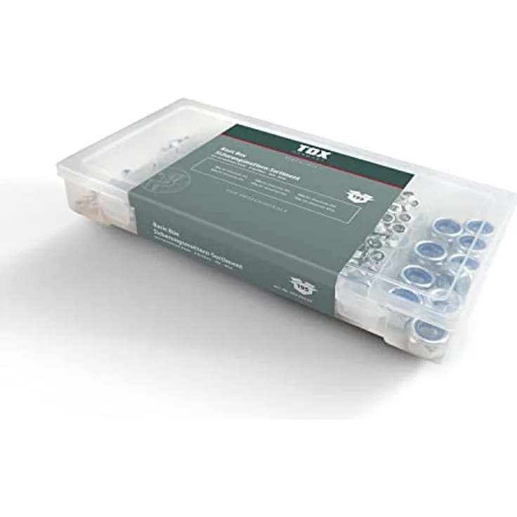 TOX Sicherungsmuttern-Sortiment aus verzinktem Stahl, Sechskantmuttern mit Polyamidklemmteil in 6 gängigen Größen in transparenter Transportbox, 195-tlg. – Bild 1