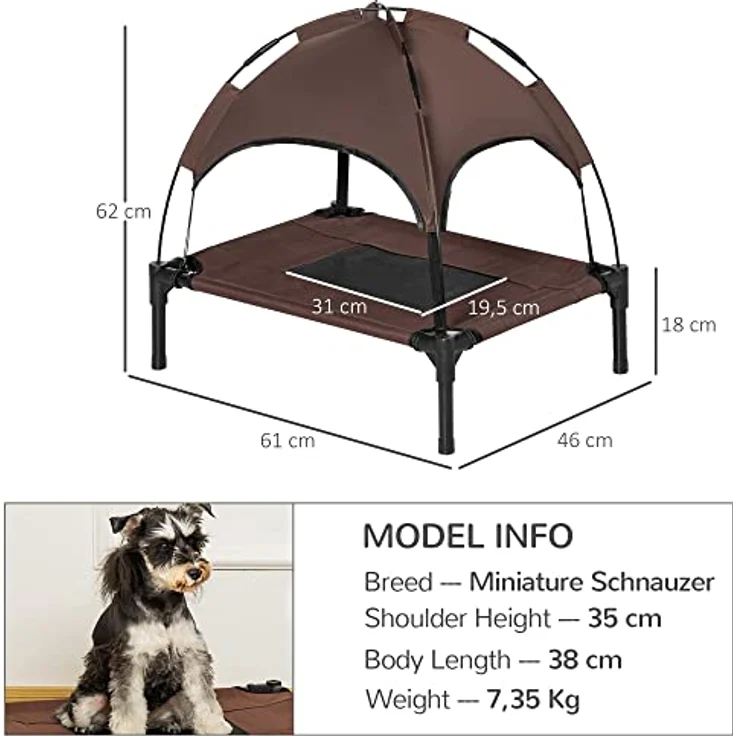 Pawhut Haustierbett mit Baldachin, Erhöhtes Hundebett, Hundeliege Outdoor mit Dach, Atmungsaktiv, Taftstoff Kaffee 61 x 46 x 62 cm – Bild 3