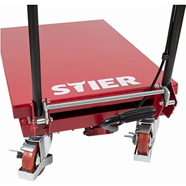 STIER Doppelscheren-Hubtischwagen, hydraulisch, Traglast bis 150 kg, Plattform 700x450 mm, Hubbereich 220-720 mm, klappbarer Bügel, Polyurethan-Bereifung – Bild 4