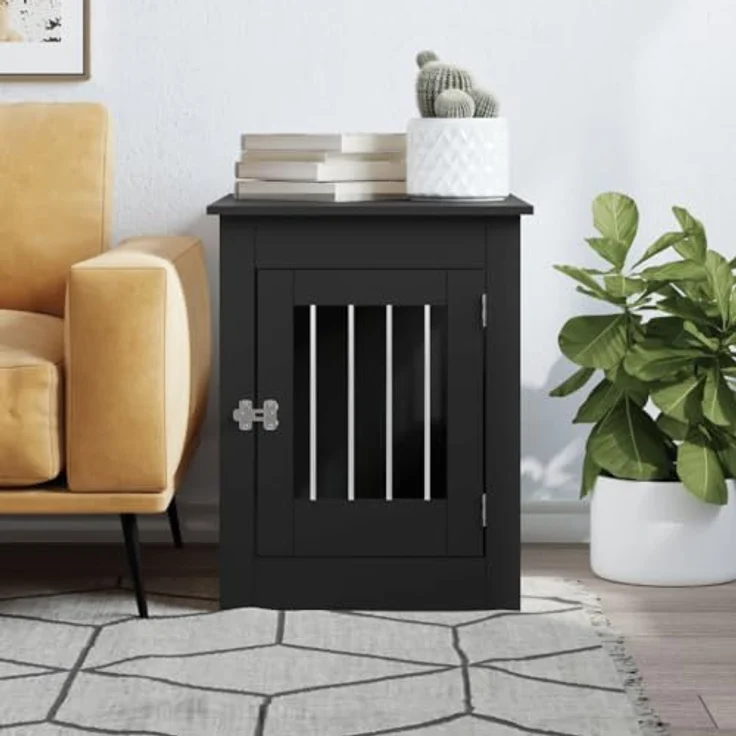 vidaXL Hundekäfig im Möbelstil, Abschließbar Hundebox mit Tür, Hundehütte Beistelltisch mit 2-in-1-Funktion, Hundehaus Haustierkäfig, Schwarz 55x80x68 cm Holzwerkstoff – Bild 3