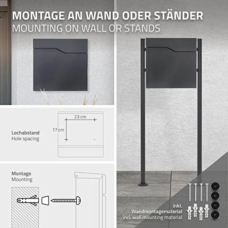 ML-Design Briefkasten Anthrazit Edelstahl pulverbeschichtet, 37x37 cm, Postkasten mit Zeitungsfach, Abschließbar 2 Schlüssel, Moderner Design Wandbriefkasten mit Zeitungsrolle, Mailbox für Wandmontage – Bild 5