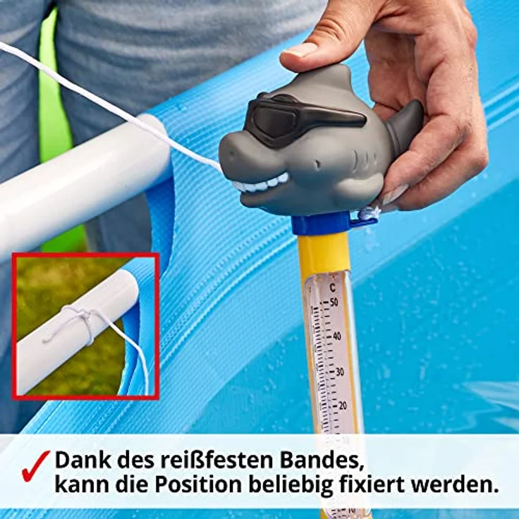 HECHT Poolthermometer mit Hai Motiv, schwimmendes Thermometer für Pool, Whirlpool und Teich, bruchfest, mit Befestigungsband, Celsius & Fahrenheit Skala – Bild 3
