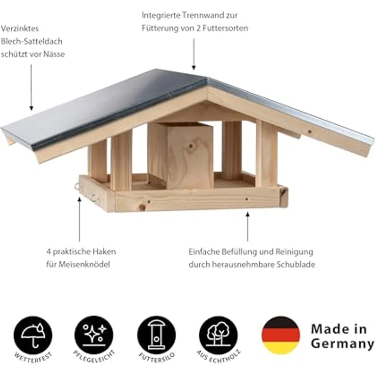 Dehner Natura Wildvogel-Futterhaus Karwendel, mit 4 Knödel-Haken und Futterschublade, 27.7 x 71.4 x 52 cm, Fichtenholz Natur/Blech - Preisvergleich – Bild 2