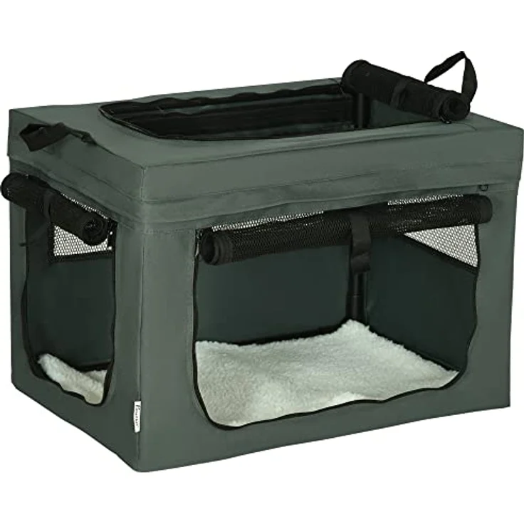 PawHut Hundetasche Hundebox mit Meshfenster, Katzentransportbox mit Kissen, Transportbox, Transporttasche für Hunde bis 4 kg, Oxford, Grau, 60 x 42 x 42 cm – Bild 1