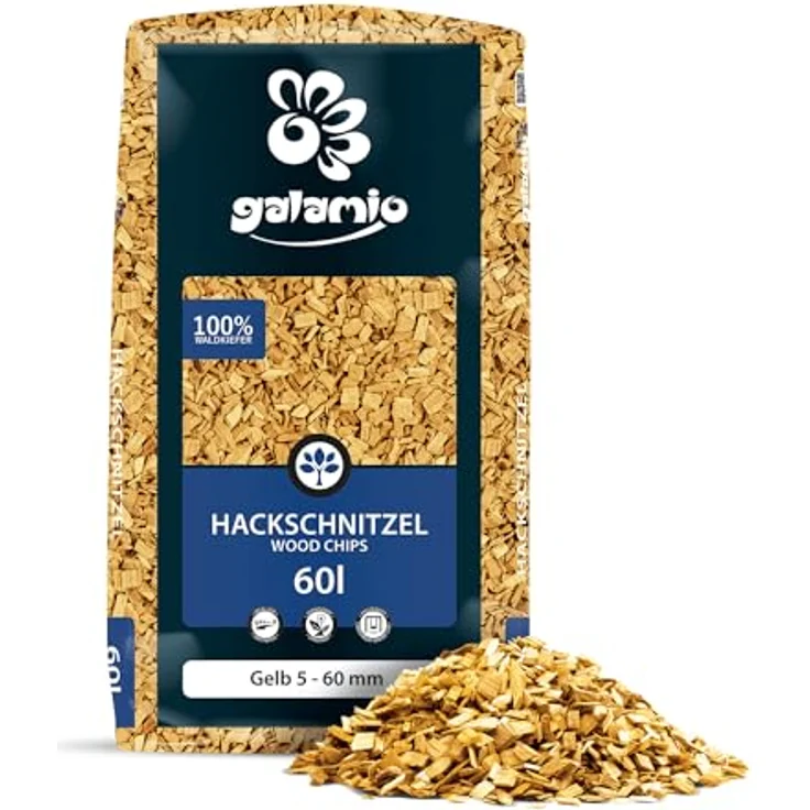 GALAMIO Holzhackschnitzel Gelb, Kiefernholz Mulch, grob 5-60mm, 60L Sack für Garten Dekor und Unkrautverhinderung – Bild 2