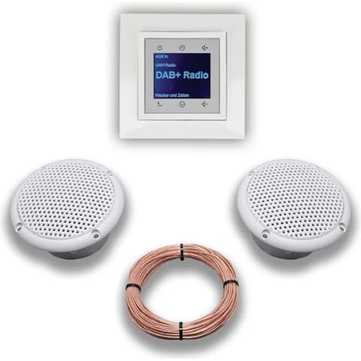 BERKER Unterputz DAB+ Radio 29848989, polarweiß glänzend mit 1-fach Rahmen, DAB+/UKW Empfang, AUX-Eingang, inkl. 2 Feuchtraum-Deckenlautsprechern und 20 Meter EBROM Lautsprecherkabel