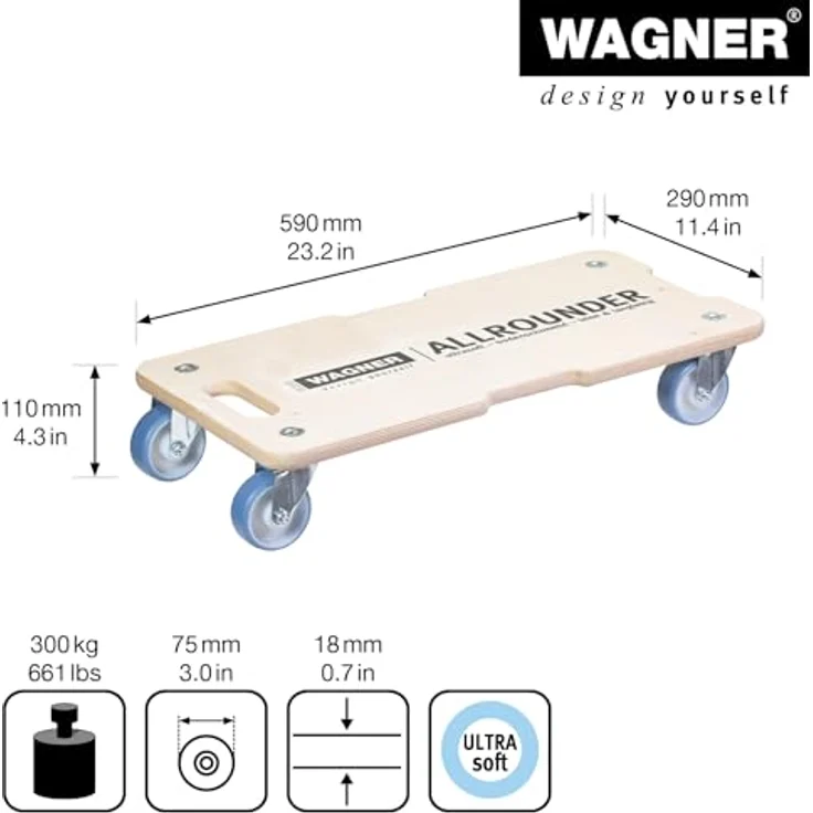 Transporthilfe MM 1325, 59 x 29 x 11 cm, softe Rollen Ø 75 mm, Rollenlager, Multiplex Birke FSC®, Tragkraft 300 kg – Bild 3