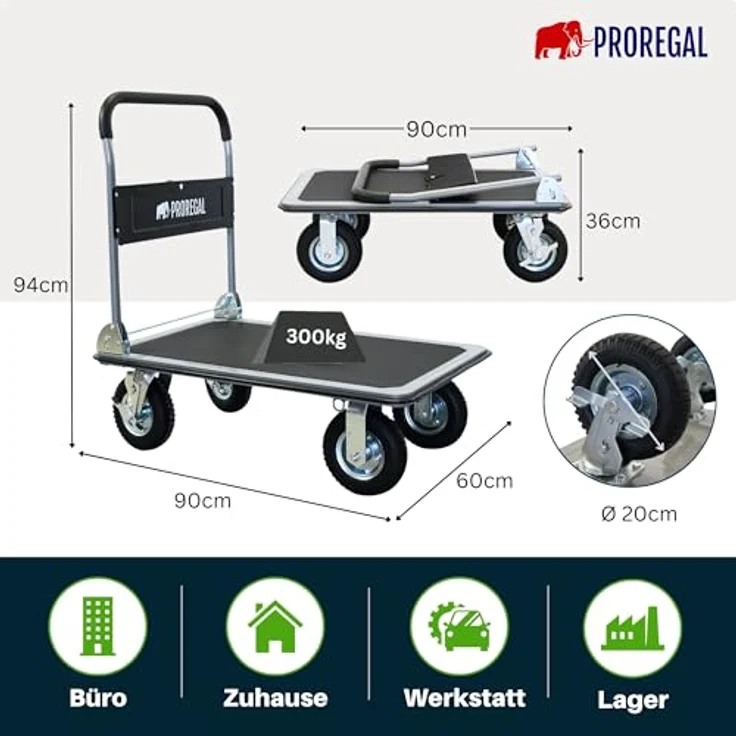 PROREGAL® Transportwagen RHINO 300, Klappbarer Profi-Transportwagen mit 2x 360° Lenkrollen, 2x Bockrollen & Feststellbremse, Traglast bis 300 kg, rutschfeste Ladefläche 78x60 cm – Bild 6